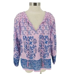 Cynthia Rowley Shirt Pink Floral Long Sleeve V Neck Tasseled Peasant Top Small